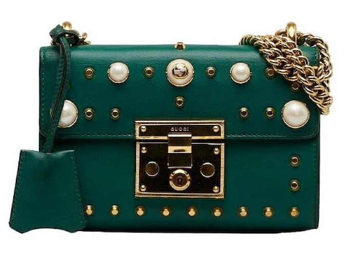 Gucci Leather Faux Pearl Stud Padlock Shoulder Bag Green Pony-style calfskin  ref.1309709