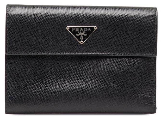 Prada Saffiano Leather Trifold Wallet Black Pony-style calfskin  ref.1310547