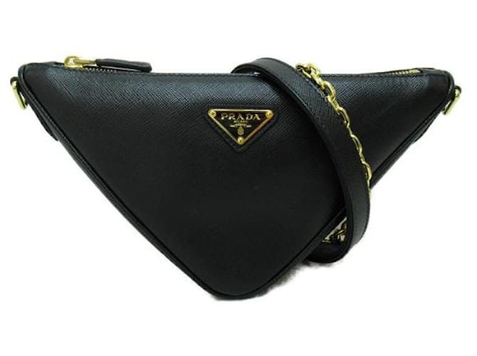 Prada Saffiano Triangle Chain Shoulder Bag Black Pony-style calfskin  ref.1310596