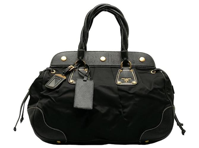 Prada Vitello Daino-Trimmed Tessuto Handbag Black  ref.1310743