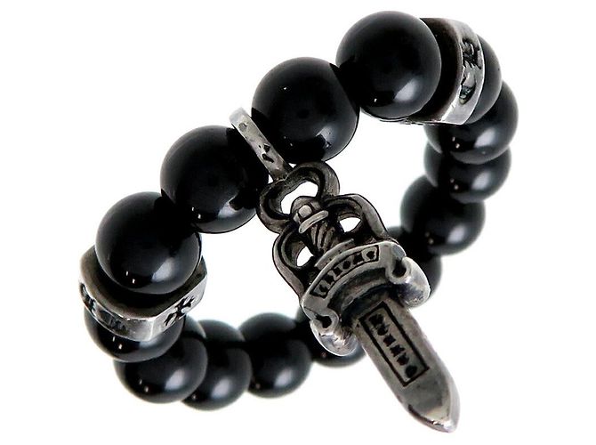 Chrome Hearts Silver Onyx Bead Dagger Charm Ring
