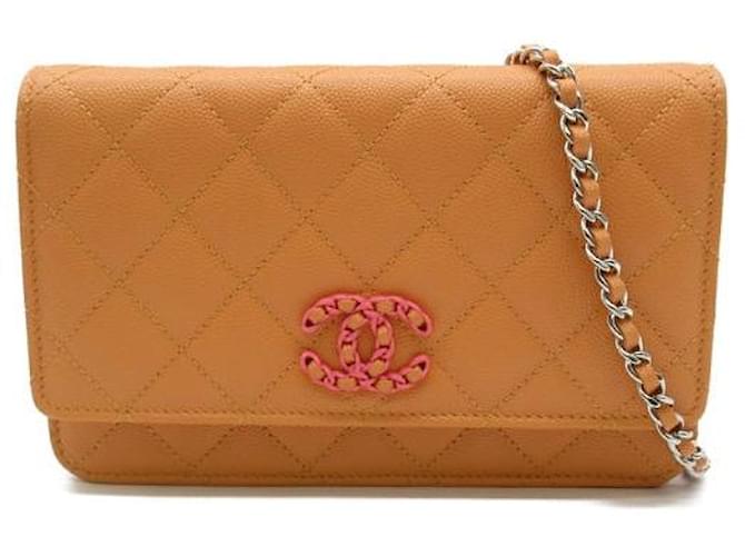 Chanel CC Quilted Caviar Wallet on Chain Orange  ref.1311288