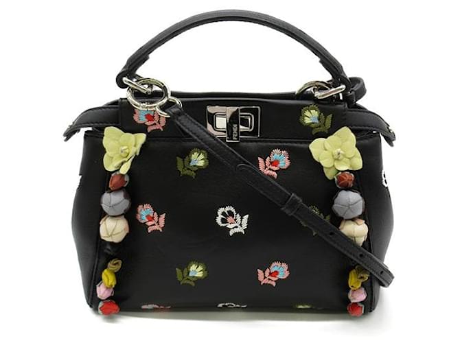 Fendi Mini Peekaboo Embroidered Flower Leather Handbag Black  ref.1311303