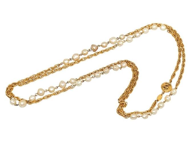Chanel Faux Pearl lined Strand Necklace Golden  ref.1311398