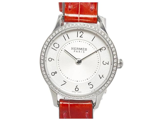 Relógio Slim d'Hermès com moldura de diamante Prata Aço  ref.1311559