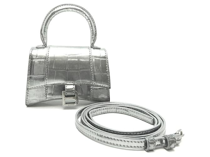 Balenciaga Embossed Leather Mini Hourglass Bag Silvery Pony-style calfskin  ref.1312141