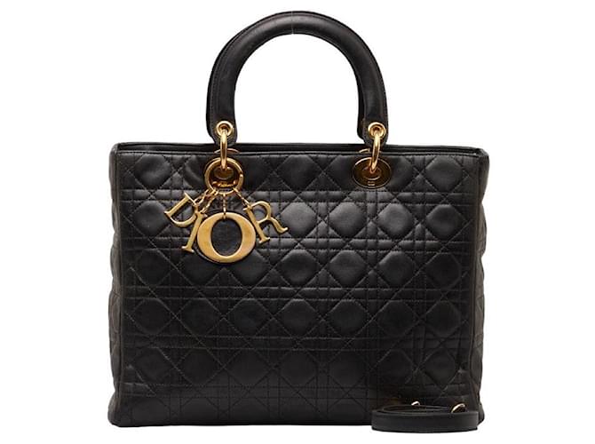 Large Cannage Leather Lady Dior Black Pony-style calfskin  ref.1312326