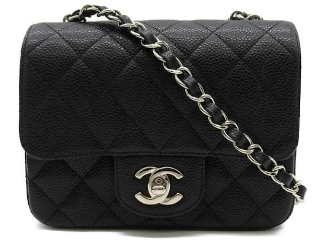 Chanel CC Caviar Mini Bolsa Quadrada Clássica com Aba Preto  ref.1312429
