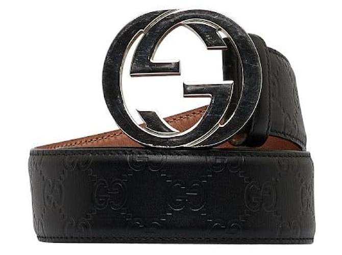 Gucci Cintura in vita con doppia G intrecciata con firma GG Nero Vitello simile a un vitello  ref.1312453