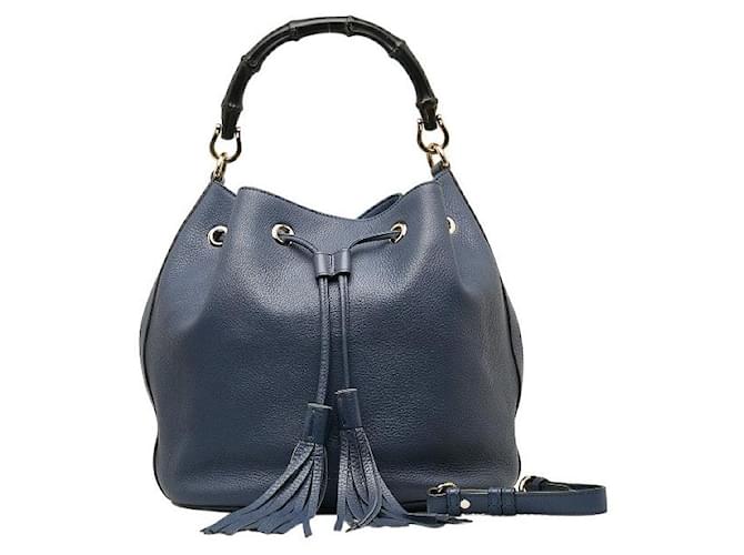 Gucci Bamboo Drawstring Leather Shoulder Bag Blue Pony-style calfskin  ref.1312853
