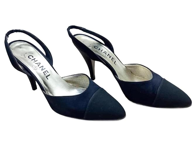 Raro modello Slingback Chanel, anni '80, taglia 36. Nero Seta Raso  ref.1313243