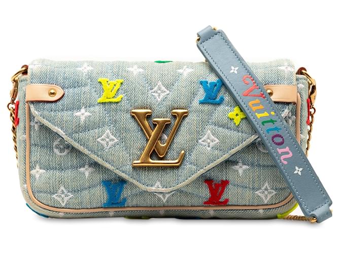 Blue Louis Vuitton Embroidered Monogram Denim New Wave Chain Pochette Crossbody Bag Leather  ref.1313312