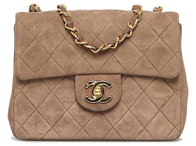 Bolsa Chanel clássica mini quadrada com aba única marrom Couro  ref.1313314