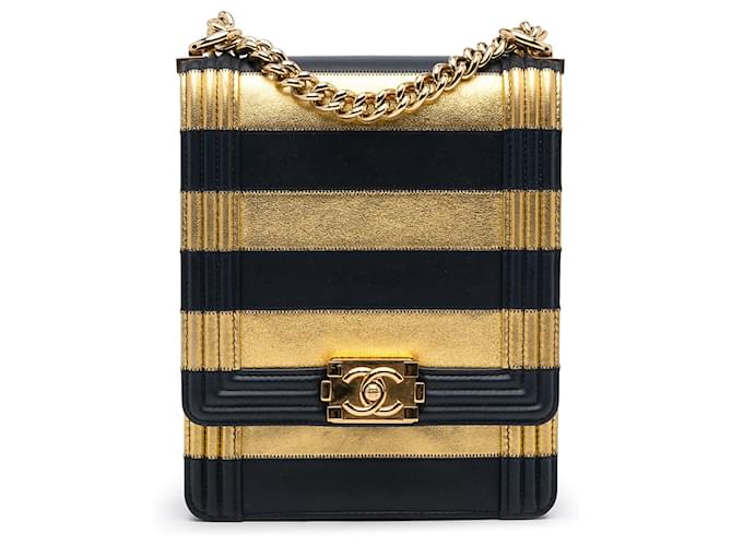 Gold Chanel Paris-New York North South Boy Flap Crossbody Bag Golden Cloth  ref.1313317