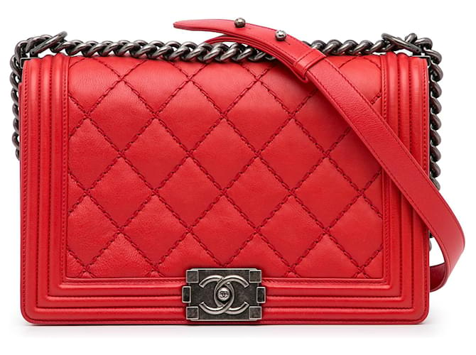 Red Chanel Small Lambskin Double Stitch Boy Flap Shoulder Bag Leather  ref.1313327