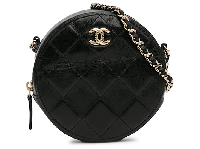 Black Chanel Quilted Lambskin Round Crossbody Leather  ref.1313407