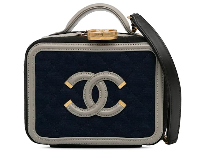 Vanity Bolsa Chanel Pequena Jersey CC Filigrana Azul Couro  ref.1313421