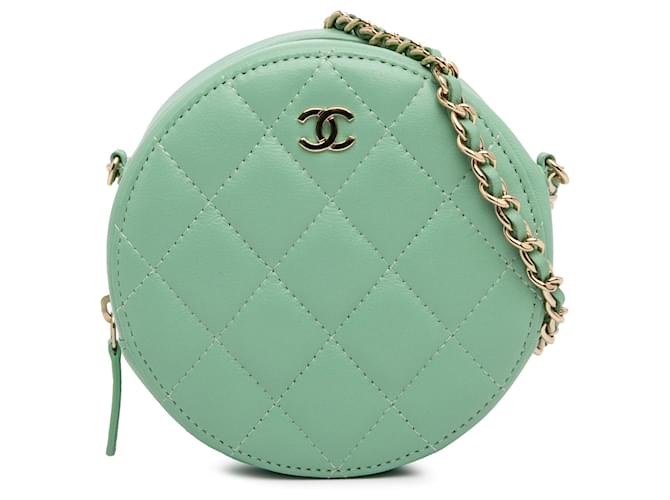 Green Chanel Quilted Lambskin Round Crossbody Leather  ref.1313446