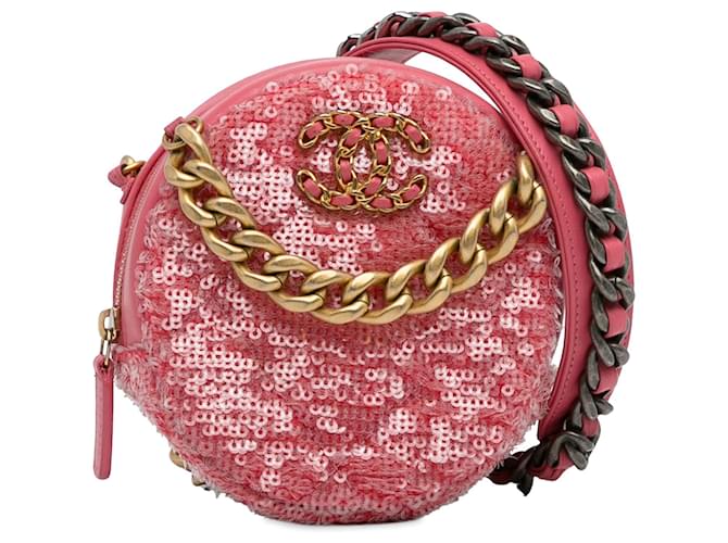 Pele de cordeiro com lantejoulas rosa Chanel 19 Clutch redonda com bolsa de corrente Couro  ref.1313449