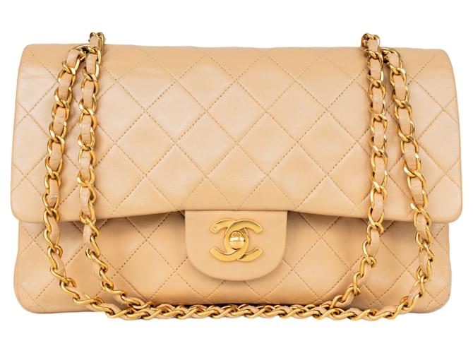 Chanel gestepptes Lammleder 24Gefütterte mittelgroße K-Gold-Tasche mit Überschlag Beige Leinwand  ref.1313482