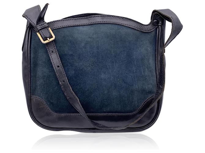 Gucci Vintage Navy Blue Suede and Leather Shoulder Bag  ref.1313523