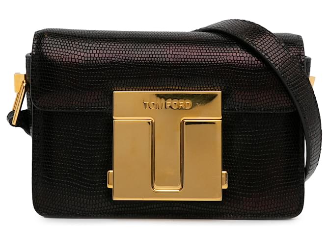 Tom Ford Black Small T-Clasp Lizard-Embossed Crossbody Bag Leather Pony-style calfskin  ref.1313711