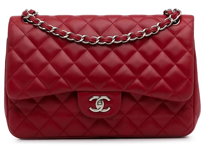 Chanel Red Jumbo Classic Lambskin lined Flap Leather  ref.1313730