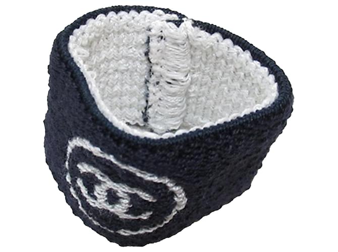 Chanel Blue Elastic Knit Cotton Headband and Sweatbands Set White Navy blue Cloth  ref.1313735