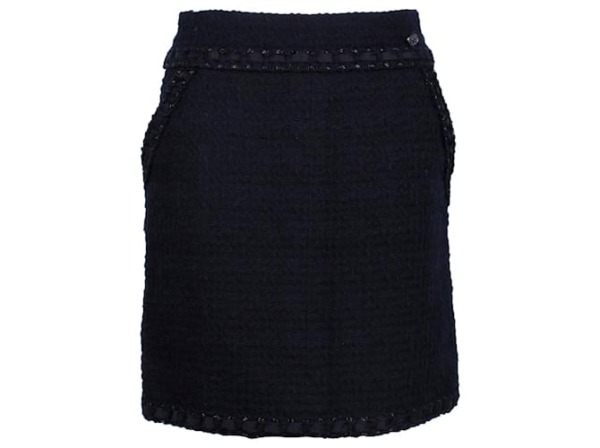 Timeless Minifalda con detalle de cadena Chanel en tweed negro Algodón  ref.1313784