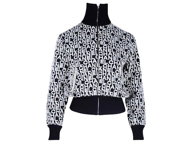 Chanel Logo-Print Bomber Jacket in Black and White Wool  ref.1313787