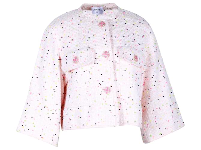Jaqueta Chanel com botões de manga quarta em tweed rosa claro Algodão  ref.1313792