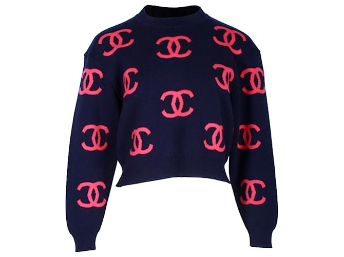 Timeless Chanel Logo Sweater in Navy Blue Wool  ref.1313797