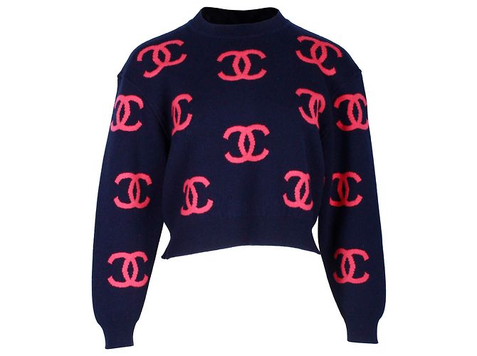 Timeless Suéter Chanel Logo em Lã Azul Marinho