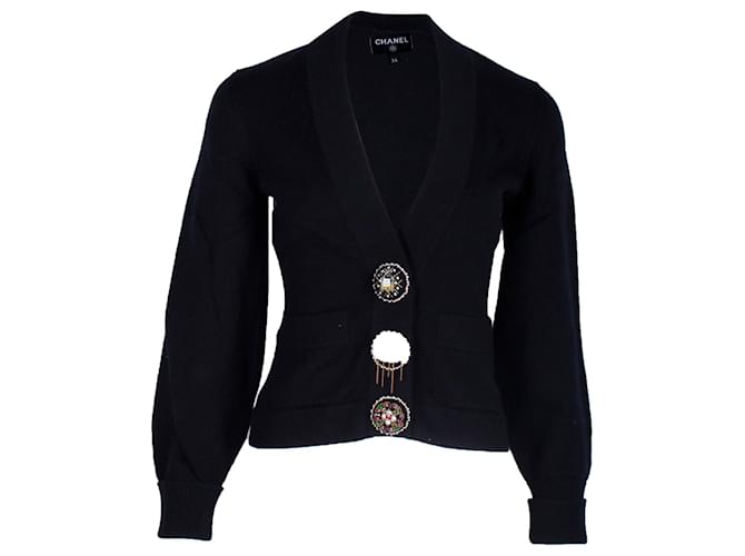 Cardigan con scollo a V con bottoni e logo della sfilata Chanel in cashmere nero Cachemire Lana  ref.1313798