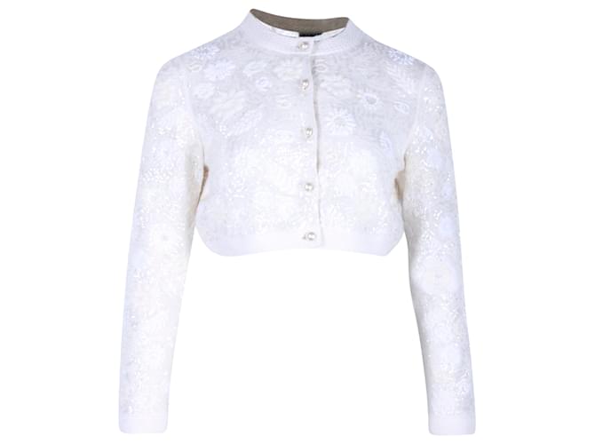 Cardigan recortado bordado Chanel em caxemira creme Branco Casimira Lã  ref.1313800