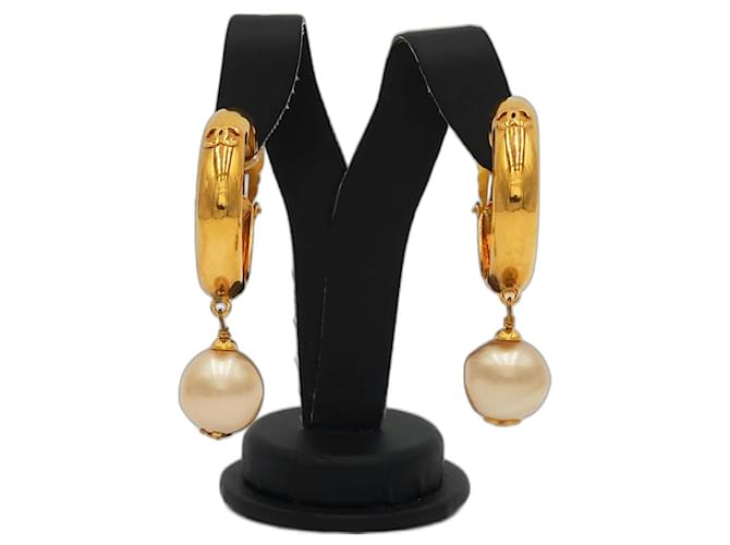 Cambon Chanel Vintage Coco White Pearl Hoop Earrings Gold hardware Metal  ref.1313848