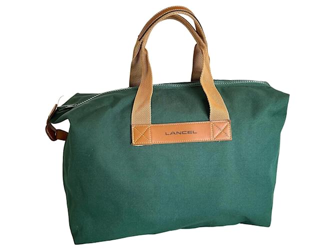 Lancel Travel bag Light brown Dark green Leather Cloth  ref.1314015