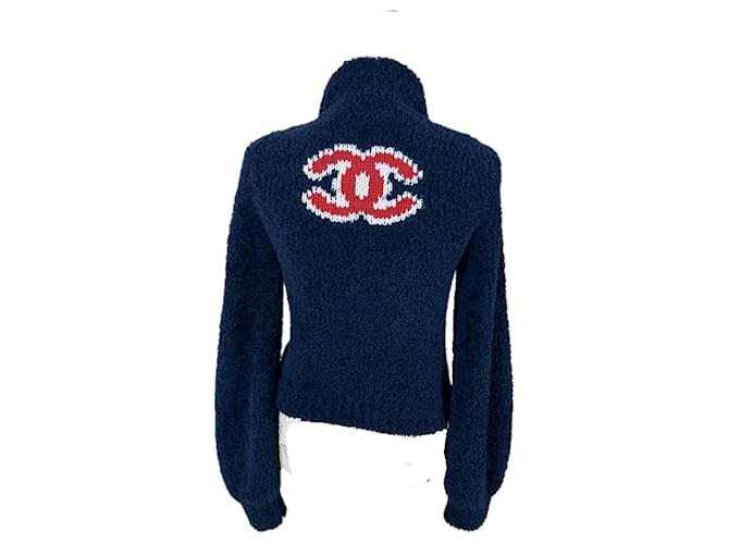 Chanel Nueva chaqueta bomber con el icónico logo CC Teddy. Azul Lana  ref.1314023