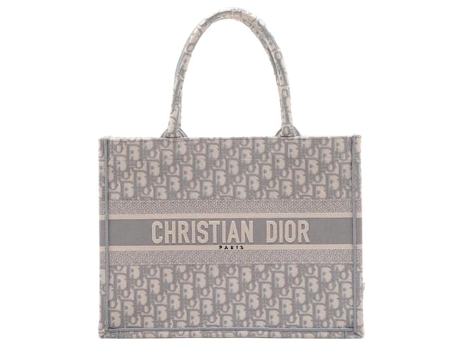 Bolsa de lona média bordada para livros Dior Oblique Cinza  ref.1314032