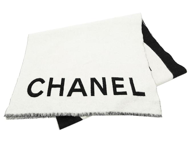 Chanel White Logo Cashmere Scarf Black Wool Cloth  ref.1314092