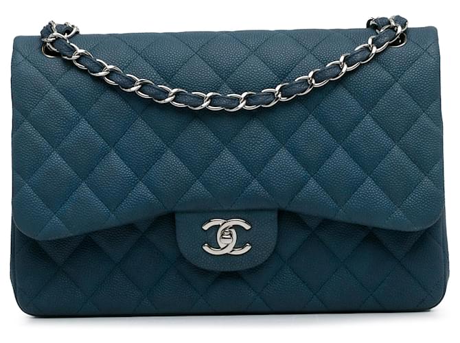 Chanel Blue Jumbo Classic Caviar Double Flap Leather  ref.1314103