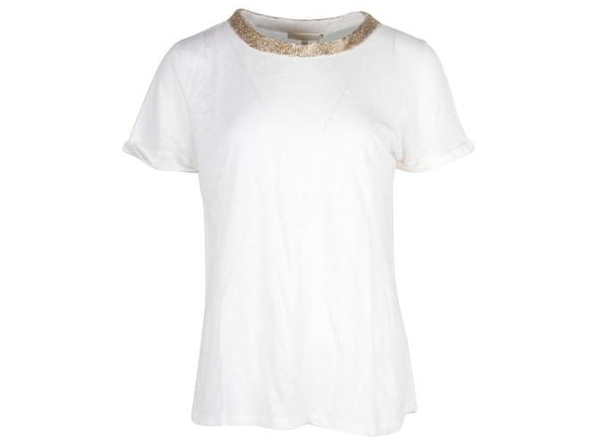 Maje Tellor Embellished T-shirt in Cream Linen White  ref.1314204