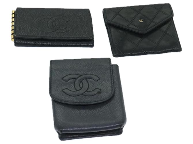 CHANEL Key Case Coin Purse Leather 3Set Black CC Auth bs12956  ref.1314386