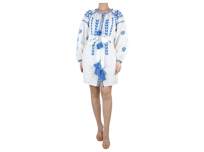 Autre Marque White and blue embroidered kaftan - size S Linen  ref.1315121