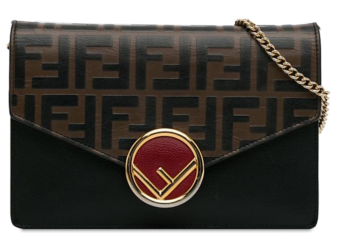 Fendi Brown Zucca Kan I F Embossed Wallet on Chain Leather Pony-style calfskin  ref.1315166