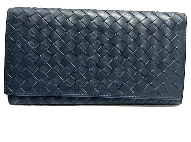 Bottega Veneta – Lange, zweifach gefaltete Brieftasche aus Intrecciato, Blau Marineblau Leder Kalbähnliches Kalb  ref.1315181