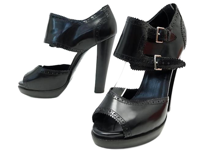 Hermès HERMES SHOES SANDALS WITH BUCKLES WITH HEELS 39 BLACK LEATHER + SHOES BOX  ref.1315231