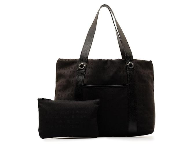 Bulgari Sac à main tote Bvlgari en toile et cuir Logo Mania en très bon état Noir  ref.1315346