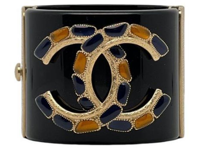 Bracciale manchette Chanel CC oro e metallo nero Blu scuro