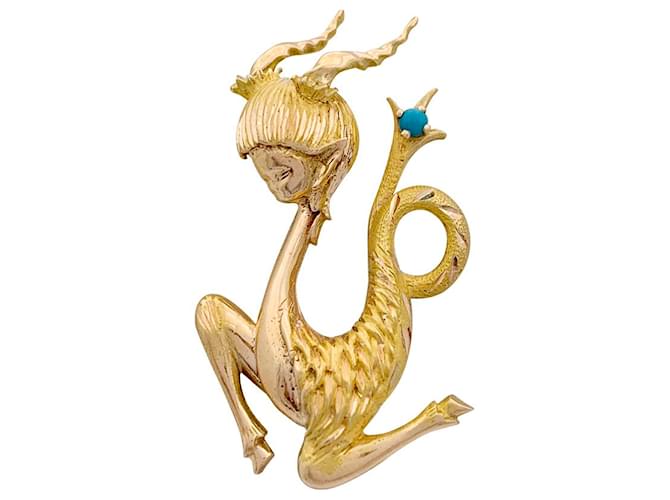 inconnue Vintage brooch "Capricorn", Yellow gold, turquoise.  ref.1316225